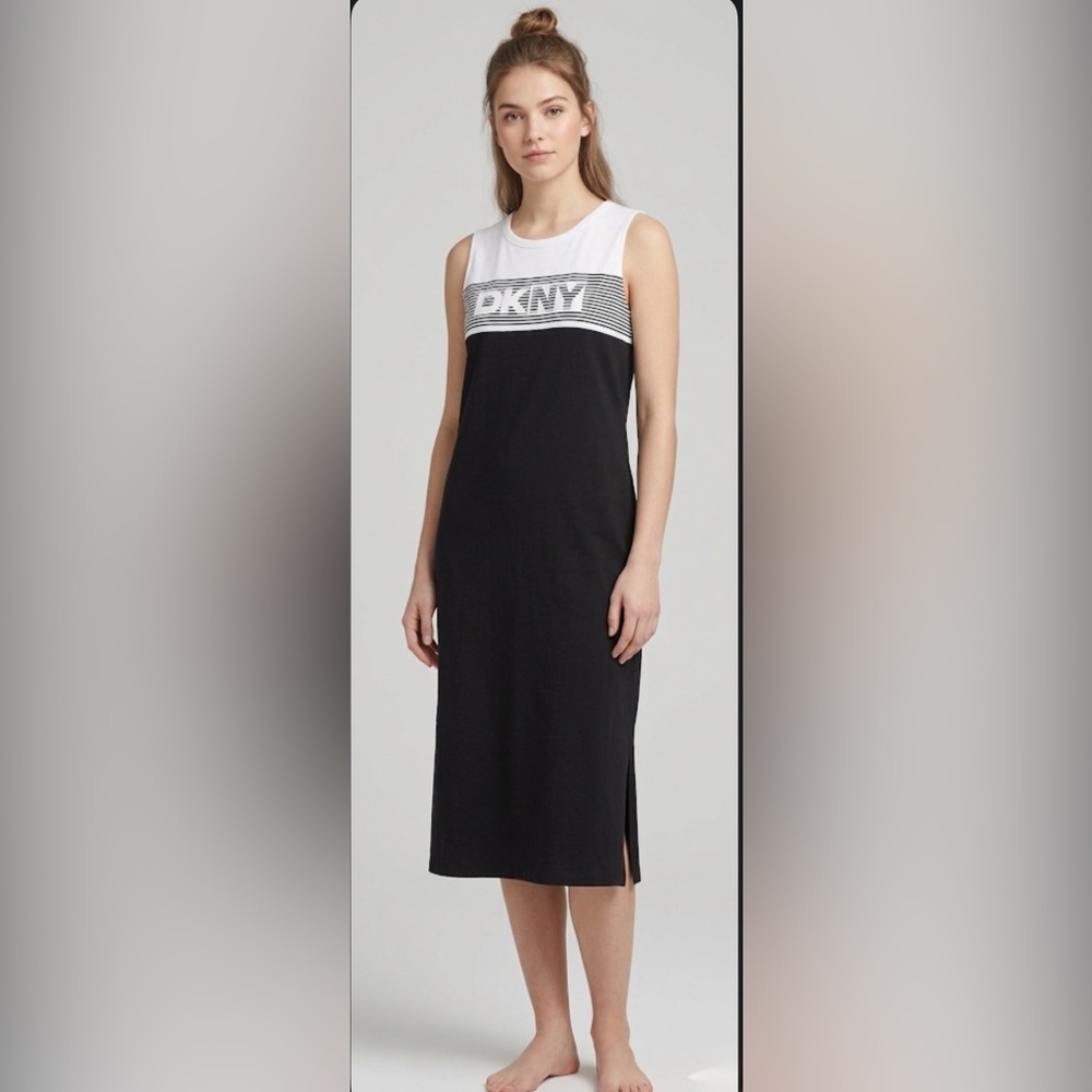 DKNY Women's Maxi Dress - Black & White Logo - Size L - Cotton Stretch